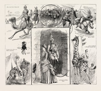THE TROOPER OF THE FUTURE, ENGRAVING 1884, CAMEL, HORSE