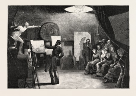 AN ASSOCIATE OF THE ROYAL ACADEMY INSPECTING THE LAMBETH SCHOOL OF ART, ENGRAVING 1884, UK,