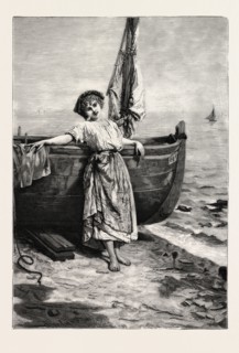 ON THE MEDITERRANEAN, engraving 1882, boat, girl, sea