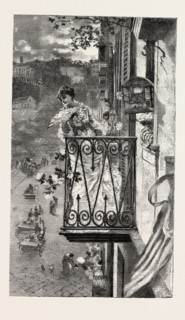 ON THE BALCONY AT NAPLES, ITALY, ENGRAVING 1882