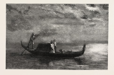 MOONLIGHT ON THE LAGOONS, VENICE, ITALY,  ENGRAVING 1882