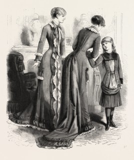 BREAKFAST GOWN AND CHILD'S COSTUME,  FASHION, ENGRAVING 1882