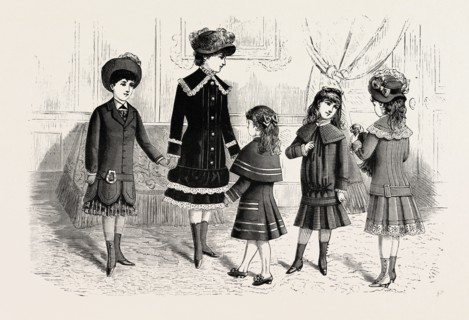 CHILDREN'S WINTER COSTUMES,  FASHION, ENGRAVING 1882