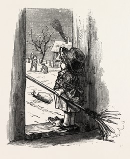 Cleaning the Doorstep, child, ENGRAVING 1882