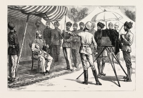 MR. BURKE POSING THE AMEER, THE AMEER YAKOOB KHAN AT GANDAMAK, AFGHAN WAR, engraving 1882