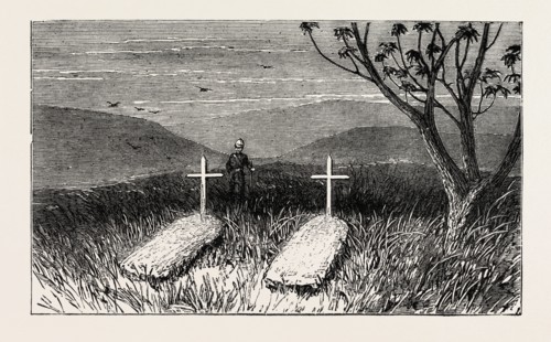 GRAVES OF LIEUT. SCOTT DOUGLAS AND CORPORAL COTTER AT KWAMAGAZA, ZULU WAR, ENGRAVING 1879