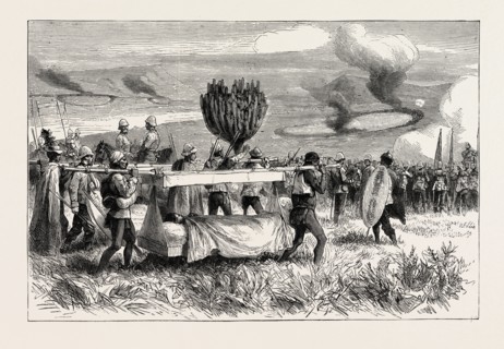 AFTER ULUNDI BEARING AWAY THE WOUNDED, ZULU WAR, ENGRAVING 1879