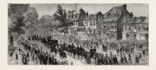 ARRIVAL OF THE PROCESSION AT CHISLEHURST, u.k., THE FUNERAL OF PRINCE LOUIS NAPOLEON, ENGRAVING
