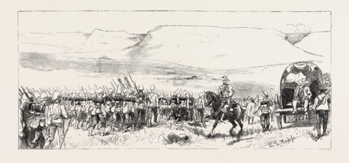 ARRIVAL OF GENERAL WOOD'S COLUMN AT UPOKO RIVER, THE ZULU WAR, ENGRAVING 1879