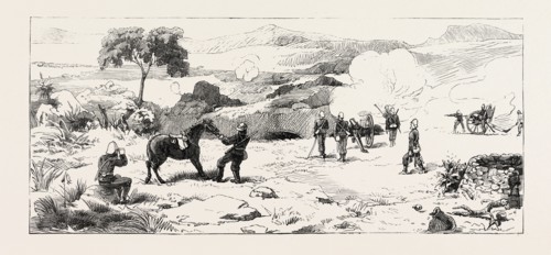 SHELLING ZULU KRAALS, UPOKO RIVER, THE ZULU WAR, ENGRAVING 1879
