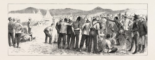 THROWING THE ASSEGAT, THE ZULU WAR, ENGRAVING 1879