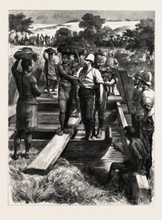 SIGNS OF PEACE ZULU WOMEN CROSSING A TEMPORARY BRIDGE BUILT BY THE ROYAL ENGINEERS, THE ZULU WAR,