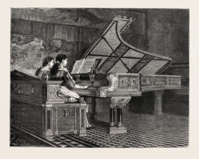 AN ARTIST'S PIANOFORTE, ENGRAVING 1879, PIANO, MUSIC, PLAYING