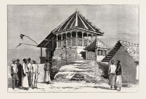 SHRINE OF THE SACRED FOOTPRINT, ON THE SUMMIT OF THE MOUNTAIN, ADAM'S PEAK, ENGRAVING 1879, SRI
