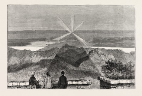SHADOW OF THE MOUNTAIN AS SEEN AT SUNRISE, ADAM'S PEAK, CEYLON, SRI LANKA, ENGRAVING 1879