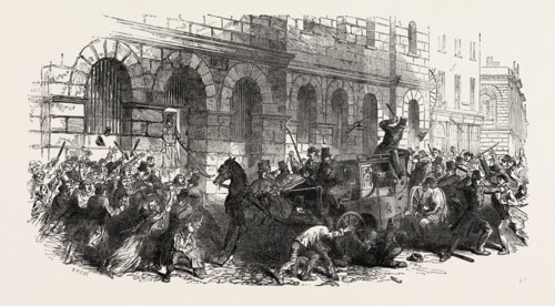 CONVEYANCE OF Mr. SLOANE TO GILTSPUR STREET COMPTER, LONDON, UK, 1851 engraving