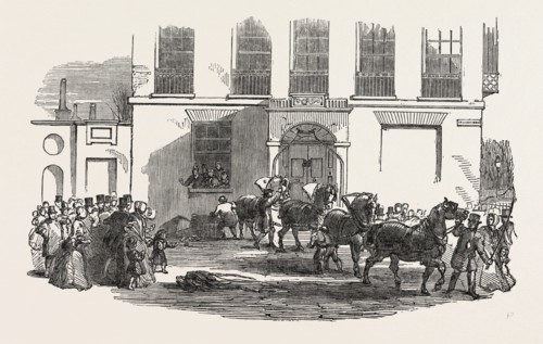 SINGULAR ACCIDENT IN HUNTER STREET, BRUNSWICK SQUARE, LONDON, UK. A Hansom cab was proceeding