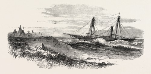 H.M. STEAM VESSEL FLAMER ON A REEF SOUTH EAST OF MONROVIA, LIBERIA, 1851 engraving