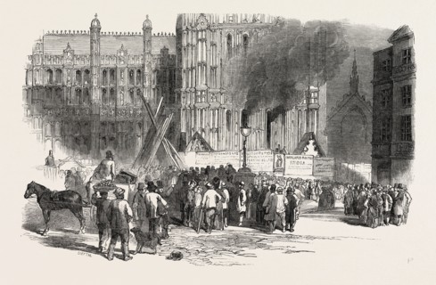 FIRE IN THE CLOCK TOWER OF THE NEW HOUSES OF PARLIAMENT, LONDON, UK, 1851 engraving