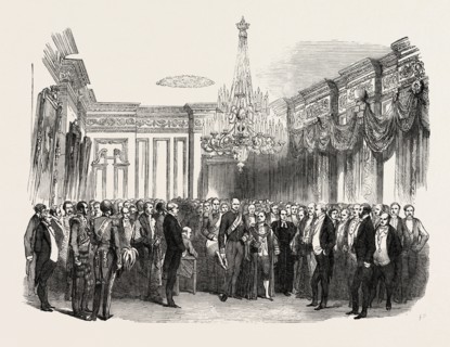 THE OAK DINING ROOM: THE EARL OF CLARENDON AND THE LORD MAYOR OF DUBLIN, IRELAND, 1851 engraving