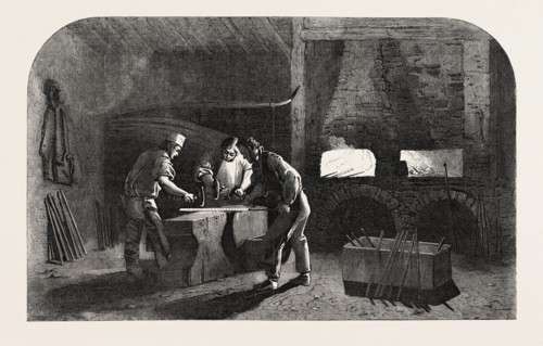 THE MANUFACTURE OF GUN BARRELS, AT BIRMINGHAM, UK: WELDING THE GUN BARRELS, 1851 engraving