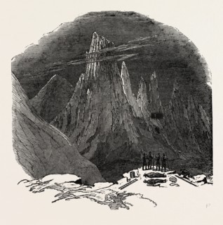 CLIMBING THE MONT BLANC: THE AIGUILLES SANS NOM, SEEN FROM BELOW THE ROCHER ROUGE, ALPS, FRENCH