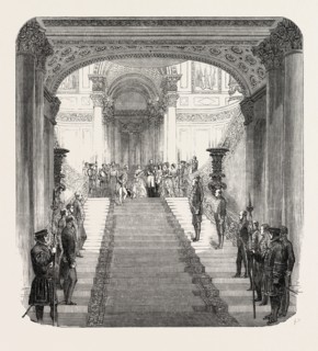 HER MAJESTY DESCENDING THE GRAND STAIRCASE AT BUCKINGHAM PALACE, LONDON, UK, 1851 engraving
