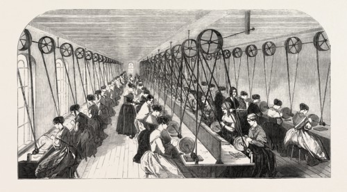 THE MANUFACTURE OF STEEL PENS IN BIRMINGHAM, UK: THE PEN GRINDING ROOM, 1851 engraving