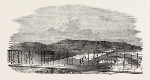 THE JAMSETJEE BUND, POONAH, PUNE, THE SLUICES OPEN, INDIA, 1851 engraving