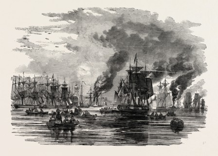 COLLIERS LEAVING THE HARBOUR, NORTH SHIELDS, AFTER THE BREAKING UP OF THE STRIKE, UK, 1851