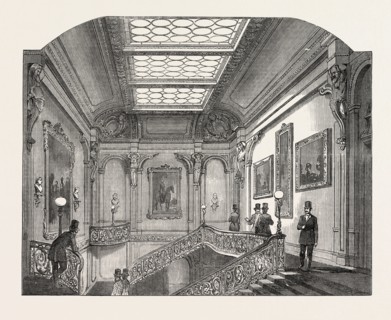 INTERIOR OF THE ARMY AND NAVY CLUB HOUSE, PALL MALL, THE STAIRCASE, LONDON, UK, 1851 engraving