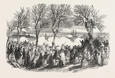 SALUTING THE ST. LAWRENCE, ON HER NEARING SOUTHAMPTON DOCK, UK, 1851 engraving