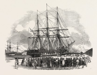 THE ST. LAWRENCE, IN SOUTHAMPTON DOCK, UNLOADING GOODS FOR THE GREAT EXHIBITION, UK, 1851 engraving