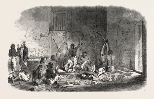 IVORY-CUTTERS AT BERHAMPOOR, BRAHMAPUR, (BENGAL), INDIA, FOR THE GREAT EXHIBITION IN LONDON, UK,