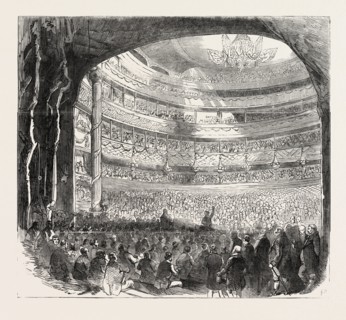 GREAT PROTECTIONIST DEMONSTRATION IN DRURY LANE THEATRE, LONDON, UK, 1851 engraving