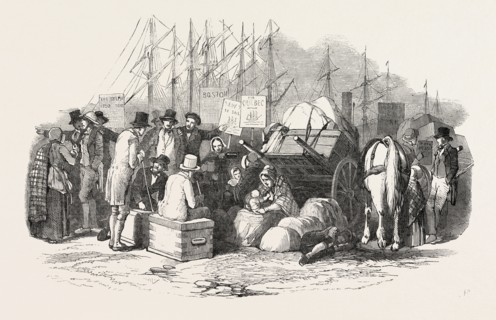 ARRIVAL OF EMIGRANTS AT CORK, A SCENE ON THE QUAY, IRELAND, 1851 engraving