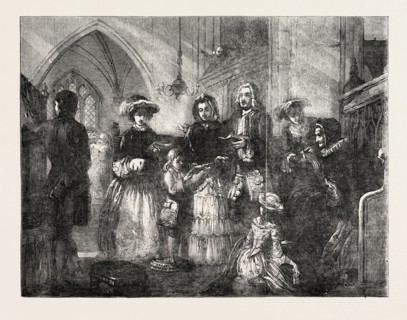 EXHIBITION OF THE ROYAL ACADEMY, THE SQUIRE'S PEW PAINTED BY T.F. MARSHALL, 1851 engraving