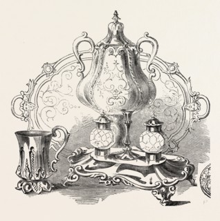 GROUP OF PLATED WARE, BY MESSRS. BRADBURY, OF SHEFFIELD, UK, 1851 engraving