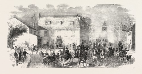 SKETCH ON THE ROAD, THE COCK INN, SUTTON, UK, 1851 engraving