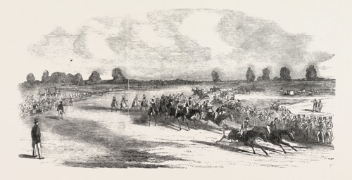 RACE HORSES GOING ROUND TATTENHAM CORNER, 1851 engraving