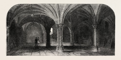 THE CRYPT OF THE CITY OF LONDON GUILDHALL, UK, 1851 engraving
