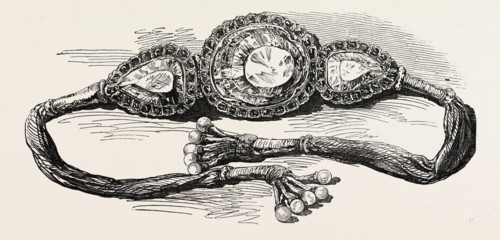 KOH-I-NOOR, MOUNTAIN OF LIGHT, IN ITS ORIGINAL SETTING, BY HER MAJESTY, 1851 engraving