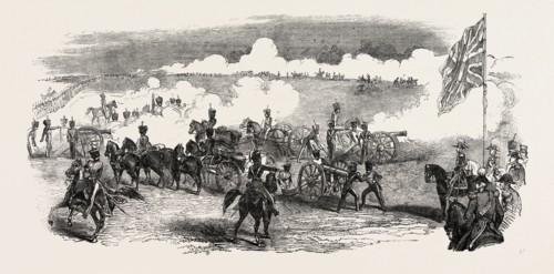 BRITISH ROYAL HORSE ARTILLERY, BATTERY IN ACTION, UK, 1851 engraving