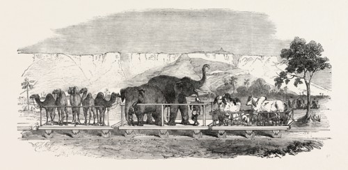 RAILWAY FROM CALCUTTA TO DELHI: BAGGAGE TRAIN PASSING THE FORTRESS OF RHOTAS, INDIA, 1851 engraving