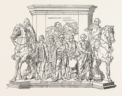 STATUE OF FREDERICK THE GREAT, END OF PEDESTAL, BERLIN, GERMANY, 1851 engraving