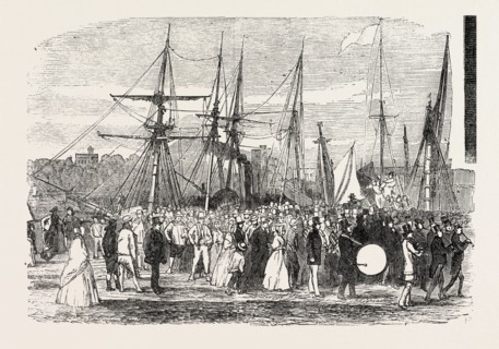 LANDING OF MESSRS. GARRATT'S WORKMEN, AT HORSEFERRY ROAD, ON THEIR VISIT TO THE GREAT EXHIBITION,