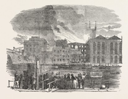 DESTRUCTIVE FIRE AT HIBERNIA WHARF, SOUTHWARK, LONDON, UK, 1851 engraving