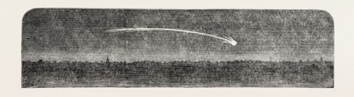 REMARKABLE METEOR SEEN FROM THE LONDON AND BLACKWALL EXTENSION RAILWAY, UK, 1851 engraving
