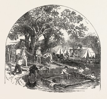 FORMATION OF A BRIDGE BY THE MORMONS, 1851 engraving