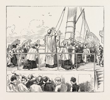 ON THE WAY TO PARAY-LE-MONIAL, FRANCE:  MASS ON BOARD THE STEAMER, 1873 engraving
